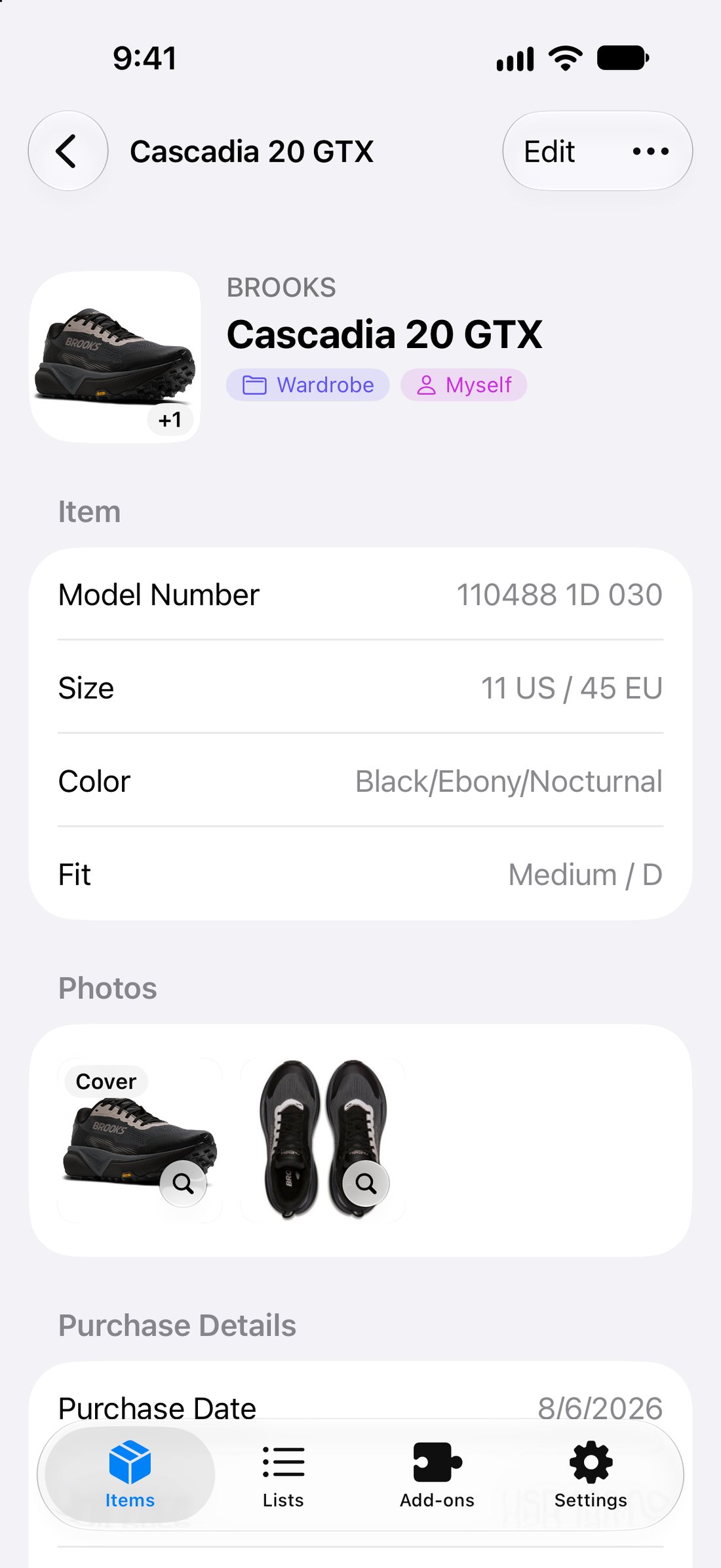 An item page for running shoes showing model number, size 11 US / 45 EU, color and fit.