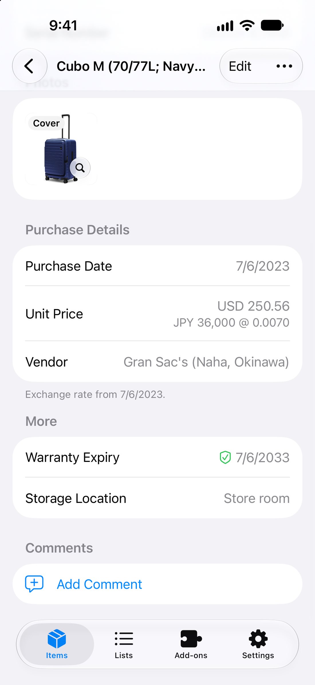 Purchase details for a suitcase purchased in Japan: USD 250.56, converted from JPY 36,000 at the rate on the purchase date, the vendor and the warranty date.