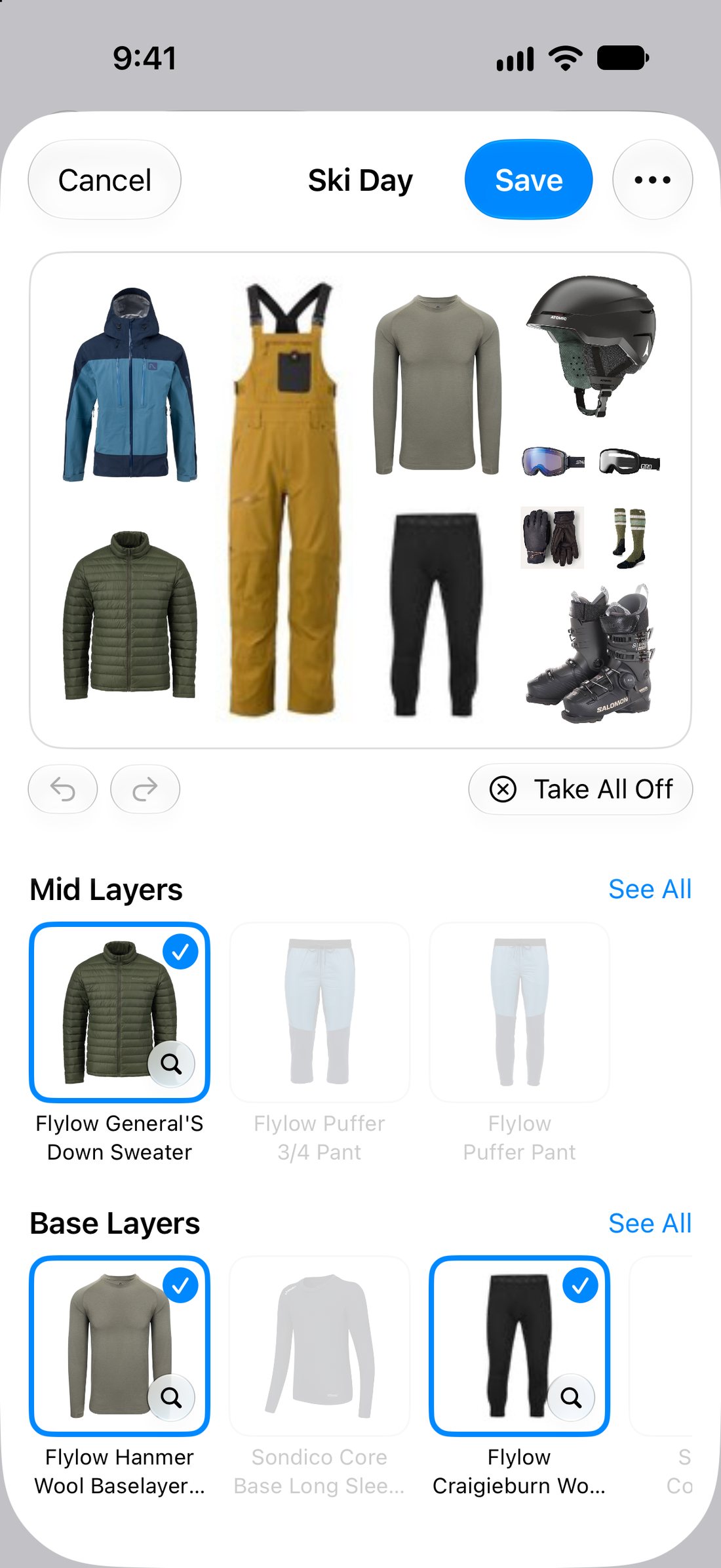 A ski outfit in Wardrobe: bib, jacket, down sweater, base layers, helmet, gloves, socks, goggles, glasses and ski boots fill the board, with pieces to choose from below.
