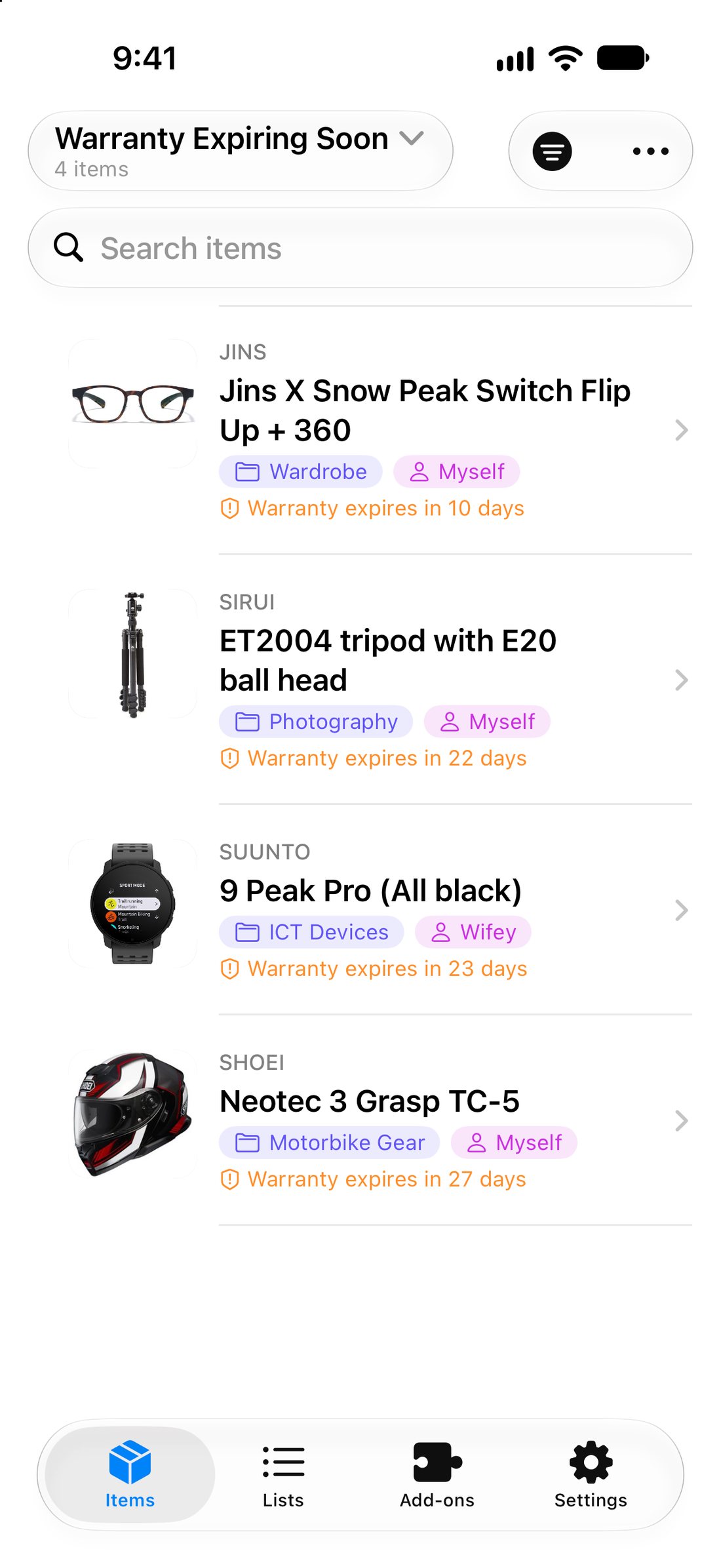 The Warranty Expiring Soon list: glasses, a tripod, a sports watch and a motorcycle helmet, each showing how many days are left on its warranty.
