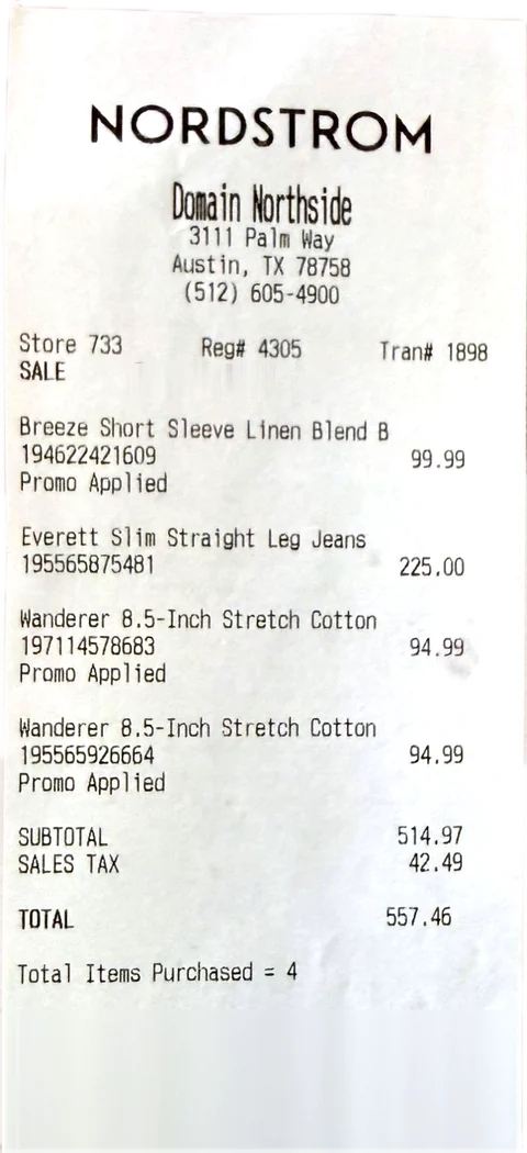 The Nordstrom receipt listing the jeans at $225.00 and the shorts at $94.99, plus sales tax.