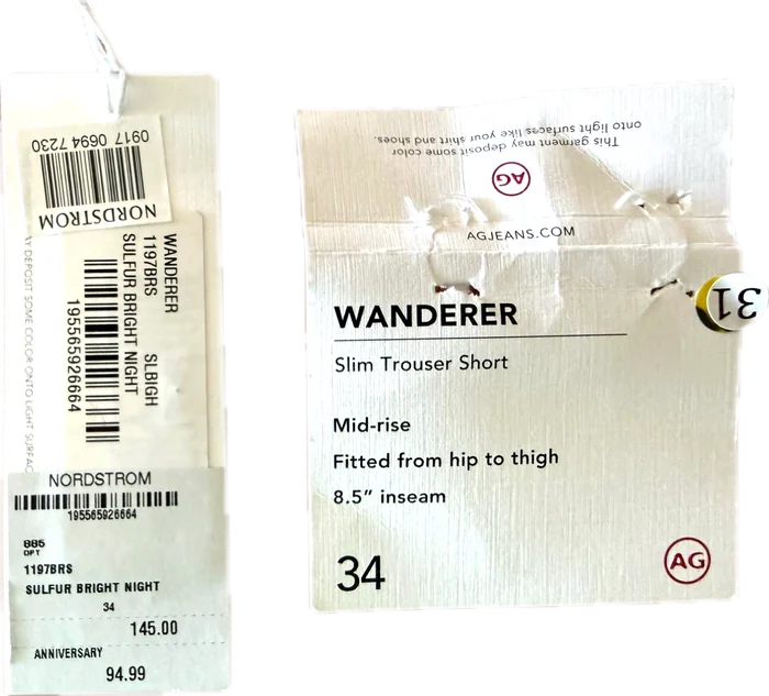 The two tags of AG Wanderer Slim Trouser Shorts: the Nordstrom price tag and AG's own tag, size 34.